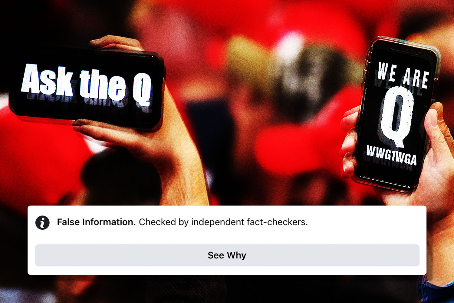 Supporters of President Donald Trump hold up their phones with messages referring to the QAnon conspiracy theory at a campaign rally at Las Vegas Convention Center on February 21, 2020 in Las Vegas, Nevada.
