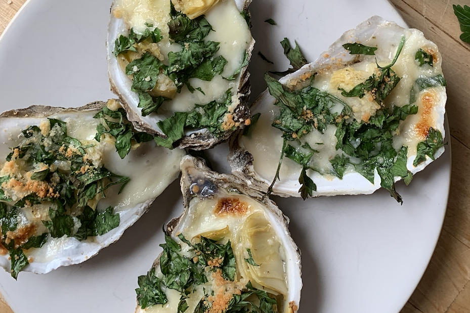 An alternative to Oysters Rockefeller, baked artichoke oysters.