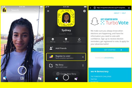 Snapchat app screen to register to vote