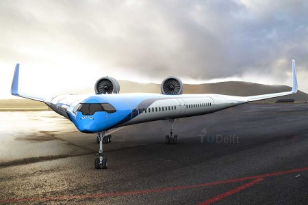 A composite of the new Flying-V aircraft