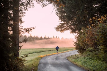 A man running through the forest.