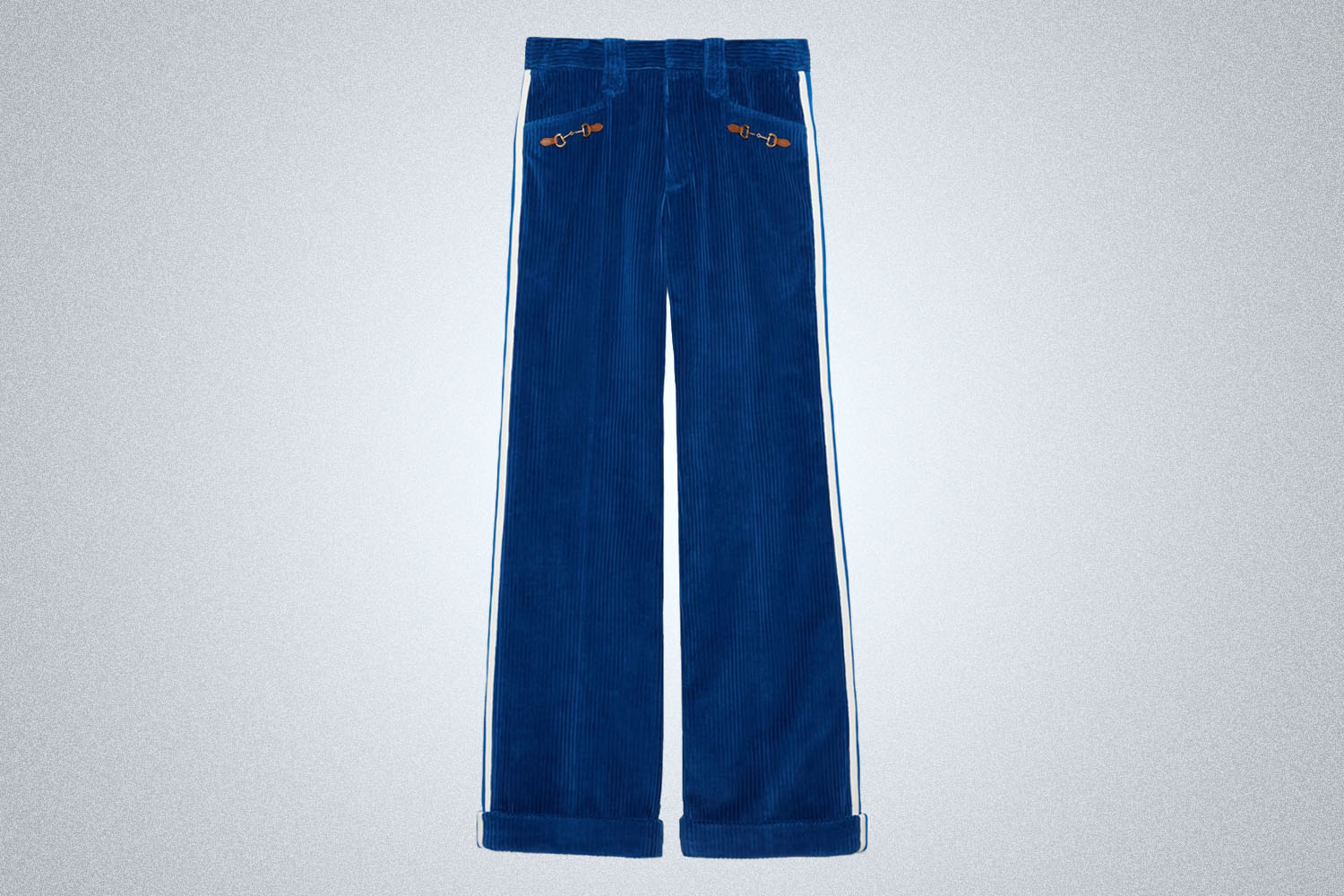 a pair of blue corduroy pants from Adidas x Gucci on a grey background