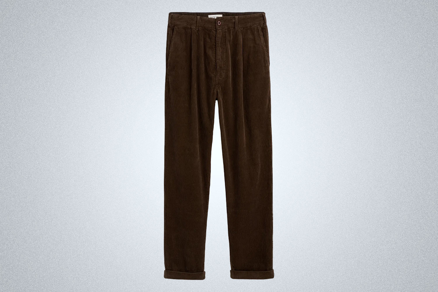 a pair of brown Alex Mill corduroy pants on a grey background