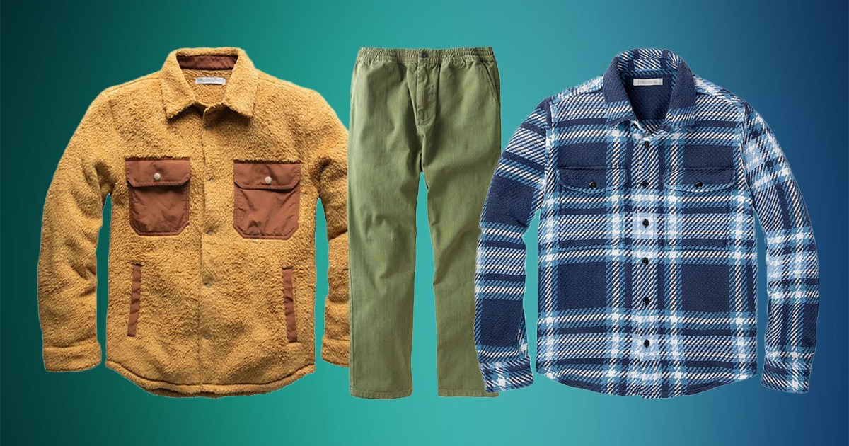Outerknown's Black Friday items from blanket shirts to sherpa fleece on a green background
