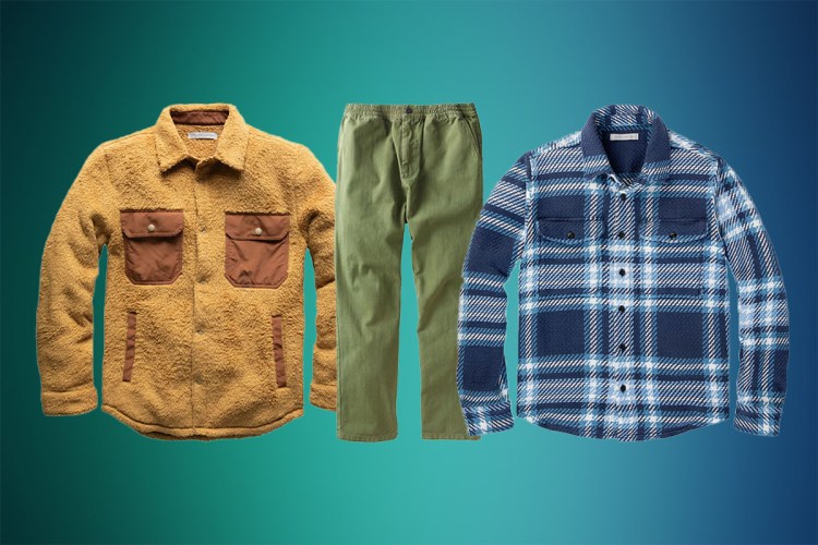 Outerknown's Black Friday items from blanket shirts to sherpa fleece on a green background