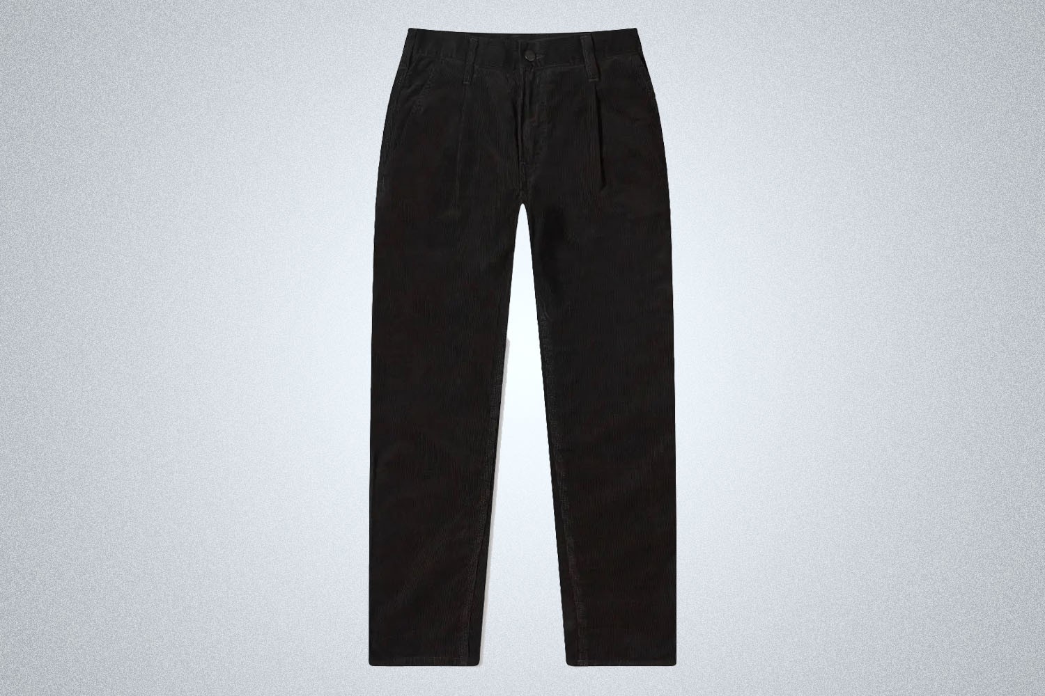 a pair of black Carhartt WIP corduroy pants on a grey background