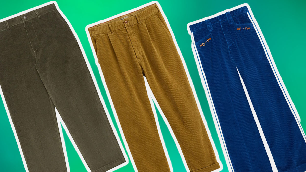a collage of corduroy pants on a multi-colored background