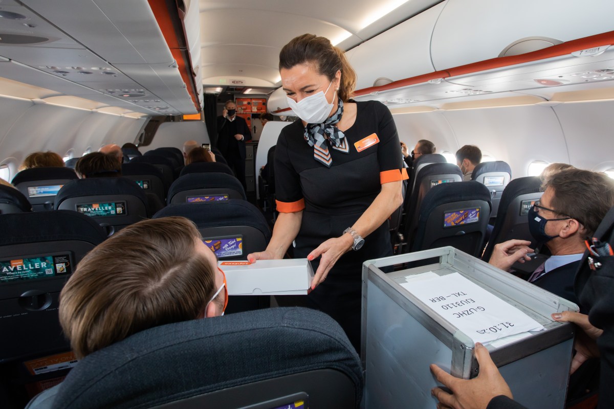 masked flight attendant