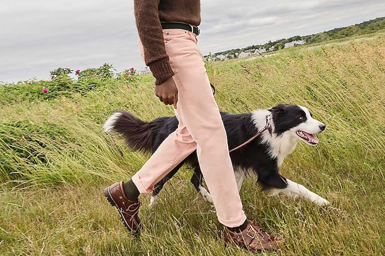 a model walking with a dog in a field in a pair of pink J.Crew corduroy pants