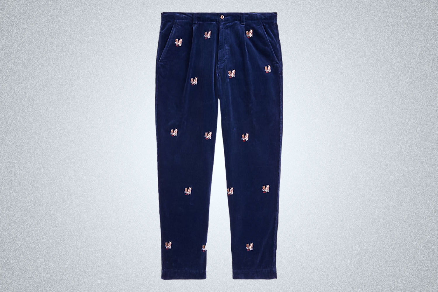 a pair of navy Polo ralph Lauren corduroy pants on a grey background