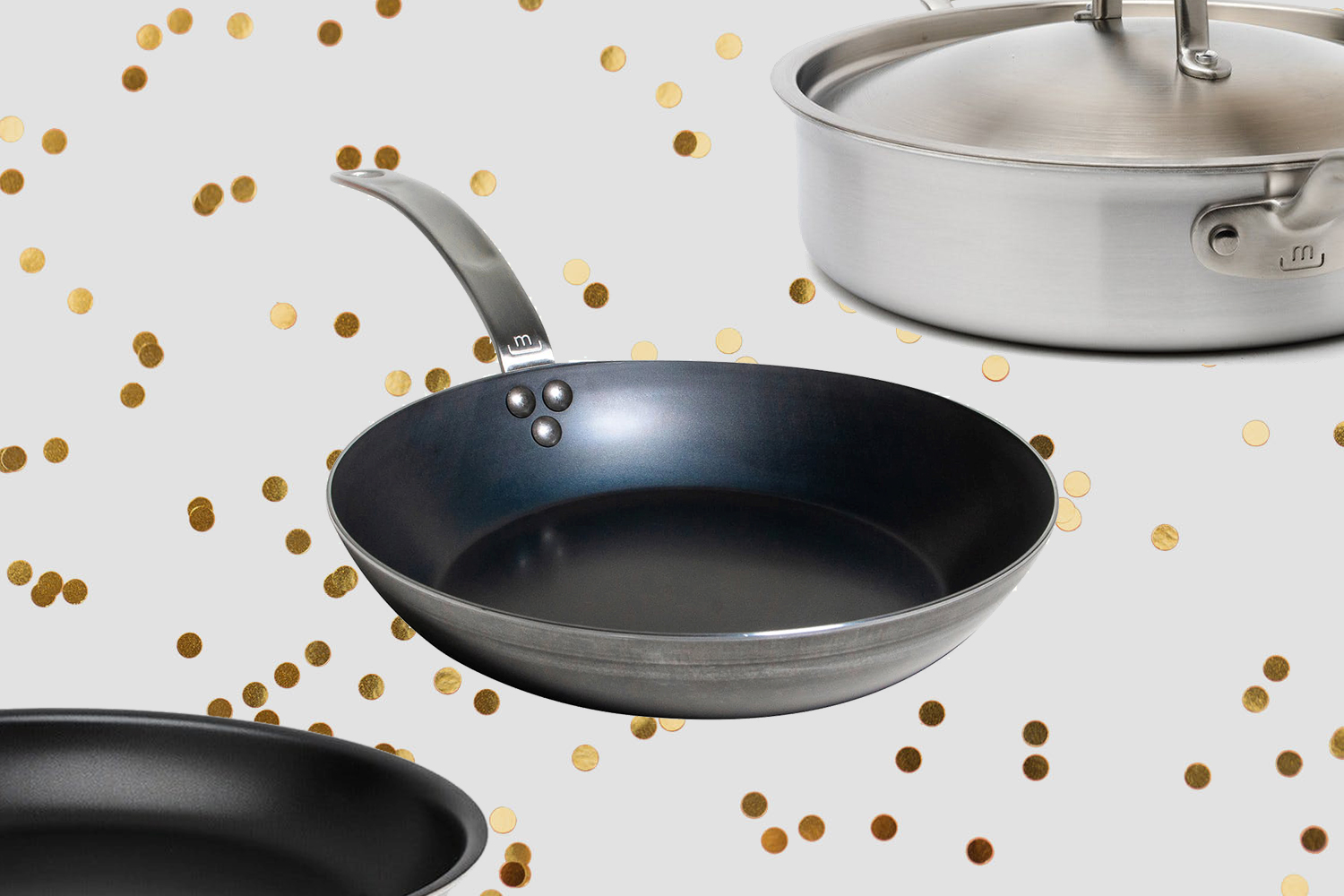 A nonstick frying pan, carbon steel pan and stainless steel saucepan from Made In, on sale for Cyber Monday 2021