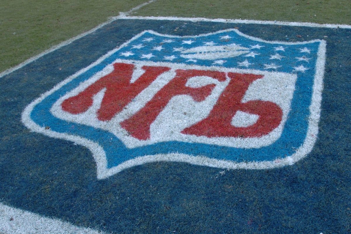 The NFL logo covers part of the field during a game.