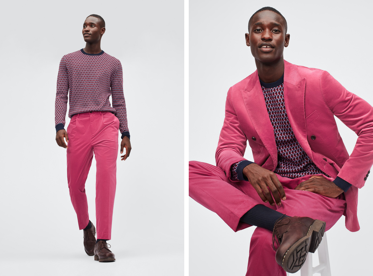 bonobos Pleated Stretch Corduroy Trousers + Double-Breasted Stretch Corduroy Blazer pink