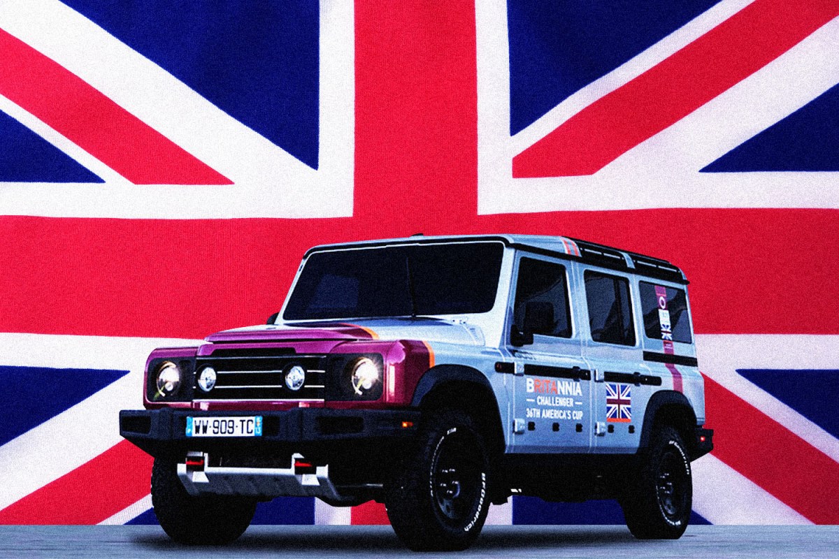 Ineos Automotive Grenadier in front of Union Jack flag