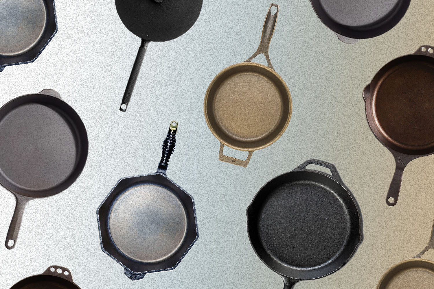 A bunch of cast iron skillets from companies like Lodge, Finex, Field Company, Butter Pat, Smithey and Stargazer in a grid. Here's our review of which cast iron pans are the best.