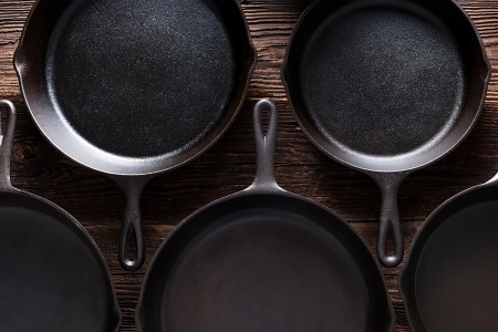 Cast iron skillets on a table