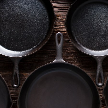 Cast iron skillets on a table
