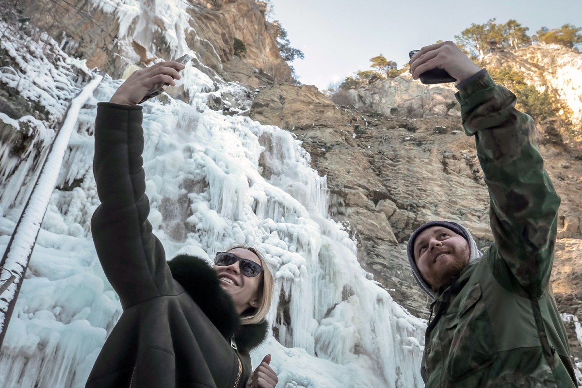 Tourists take a selfie in Crimea, Russia