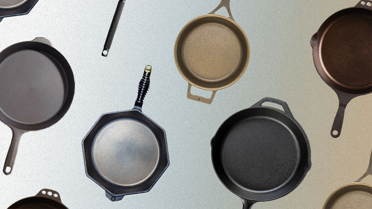 A bunch of cast iron skillets from companies like Lodge, Finex, Field Company, Butter Pat, Smithey and Stargazer in a grid. Here's our review of which pans are the best.
