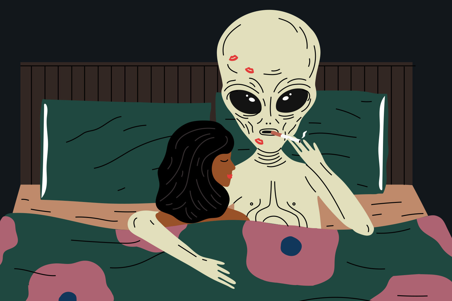 An illustration shows a woman cuddling with an alien in bed. the alien is smoking a cigarette.