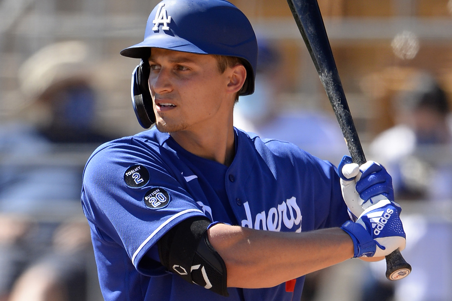 Corey Seager #5 of the Los Angeles Dodgers bats against the Chicago White Sox on March 8, 2021 at Camelback Ranch in Glendale, Arizona