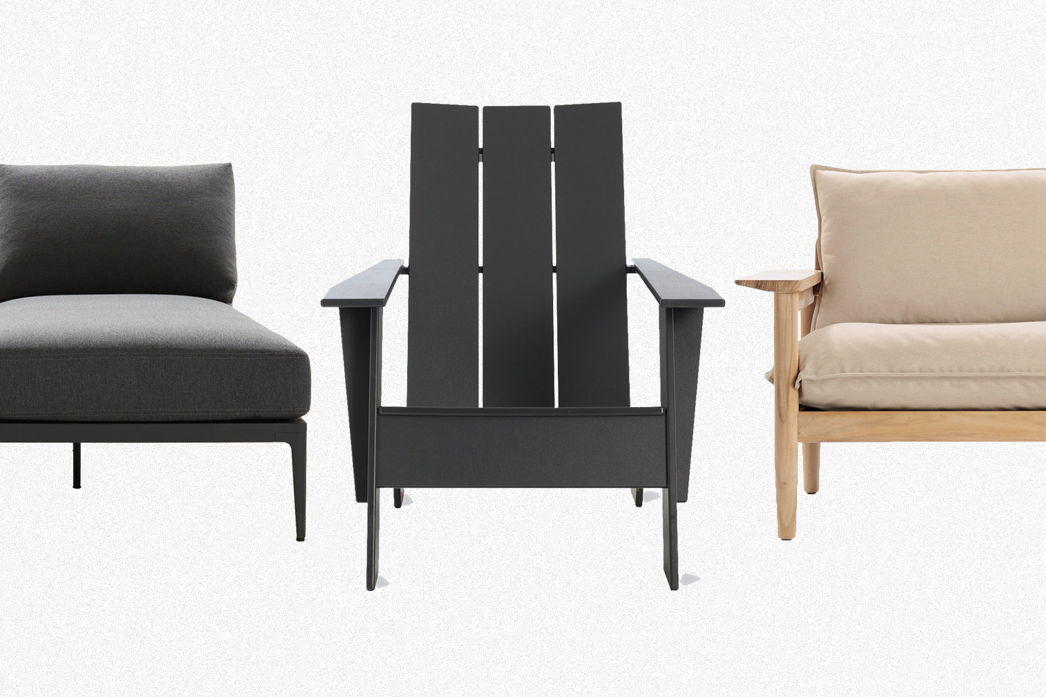 The Grid Sofa Chaise, Adirondack Chair and Terassi Lounge Chair from Design Within Reach on a white background