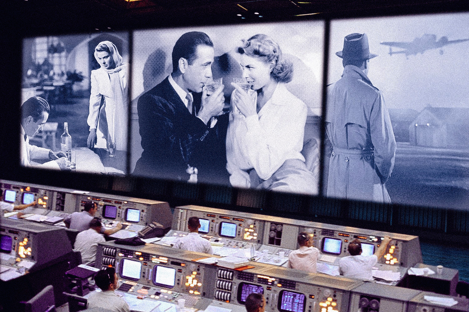 Casablanca plays on the big screen inside a NASA control Room