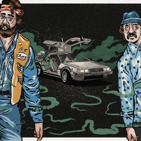 Cheech and Chong exiting the Dolorean from Back to the Future