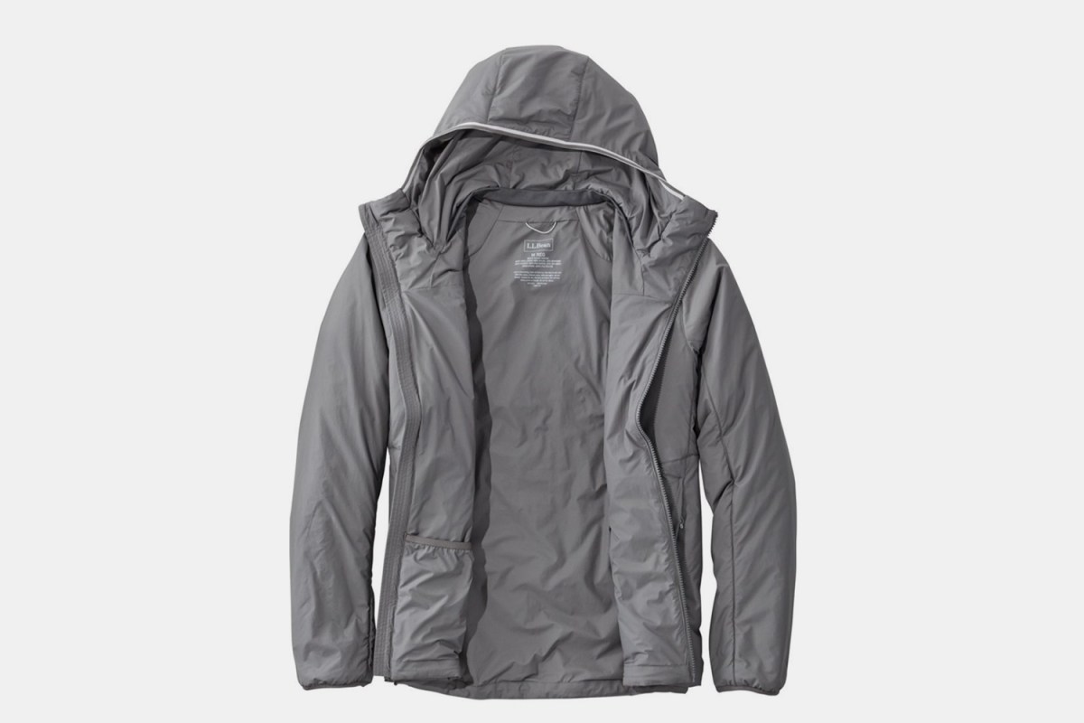The men's Stretch Primaloft Packaway Hooded Jacket from L.L. Bean in dark grey on a light grey background