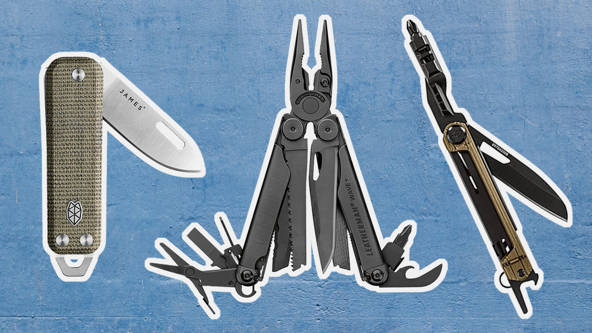 a collage of the best multi-tools on a blue background