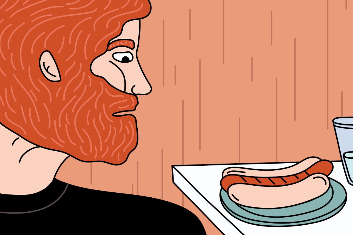 Illustration shows a red-haired man looking at a hot dog