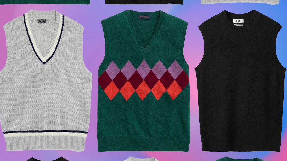 a collage of sweater vests on a multi-colored background