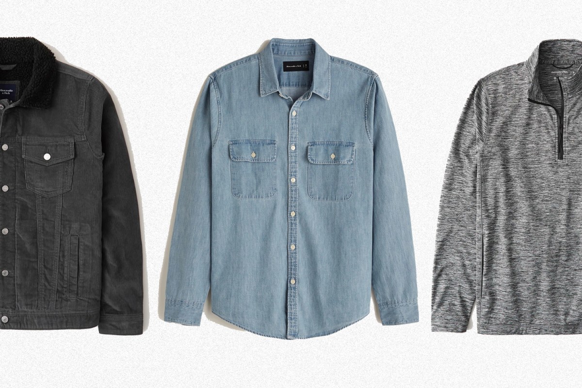 Men's corduroy jacket, denim shirt and quarter-zip from Abercrombie & Fitch