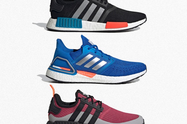 Three Adidas sneakers including the NMD_R1, the Ultraboost 20 and the NMD_R1 Trail Shoes