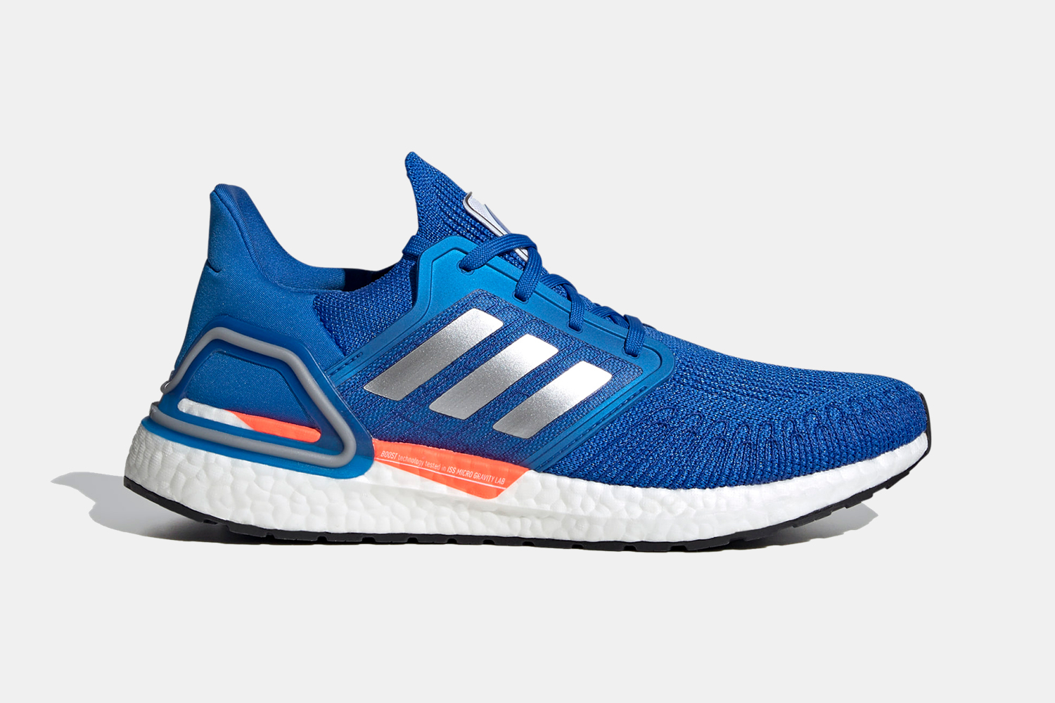 Adidas Ultraboost 20 running shoes in blue with an orange accent