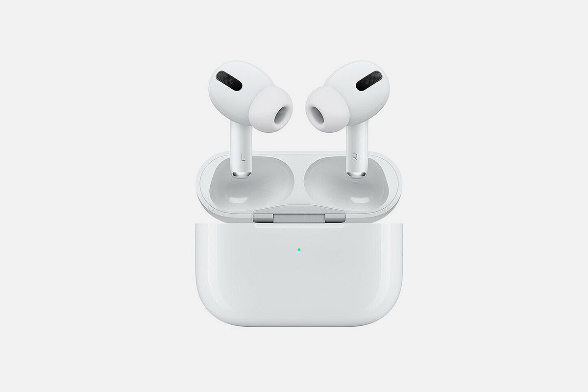 The Apple AirPods Pro earbuds and charging case on a grey background