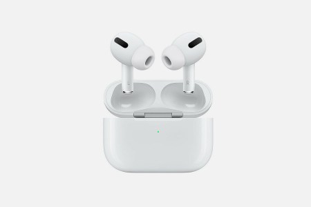 The Apple AirPods Pro earbuds and charging case on a grey background