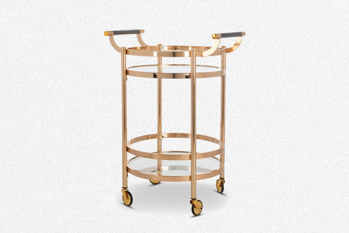 The gold Cosmo Bar Cart from Apt2B on a grey background