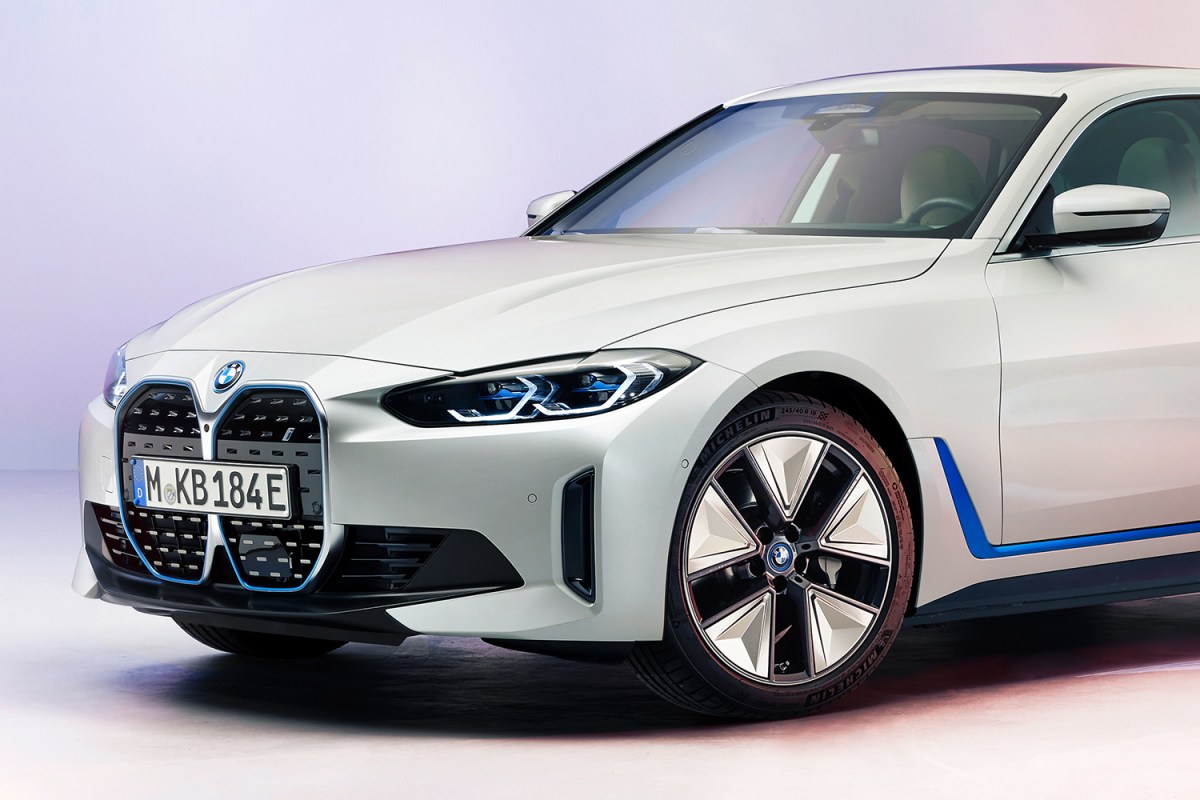 The front half of the new BMW i4 Gran Coupé electric sedan