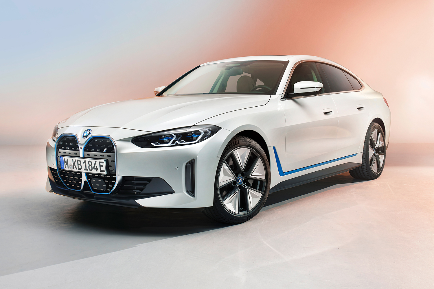 BMW's new i4 electric sedan shot from the front left