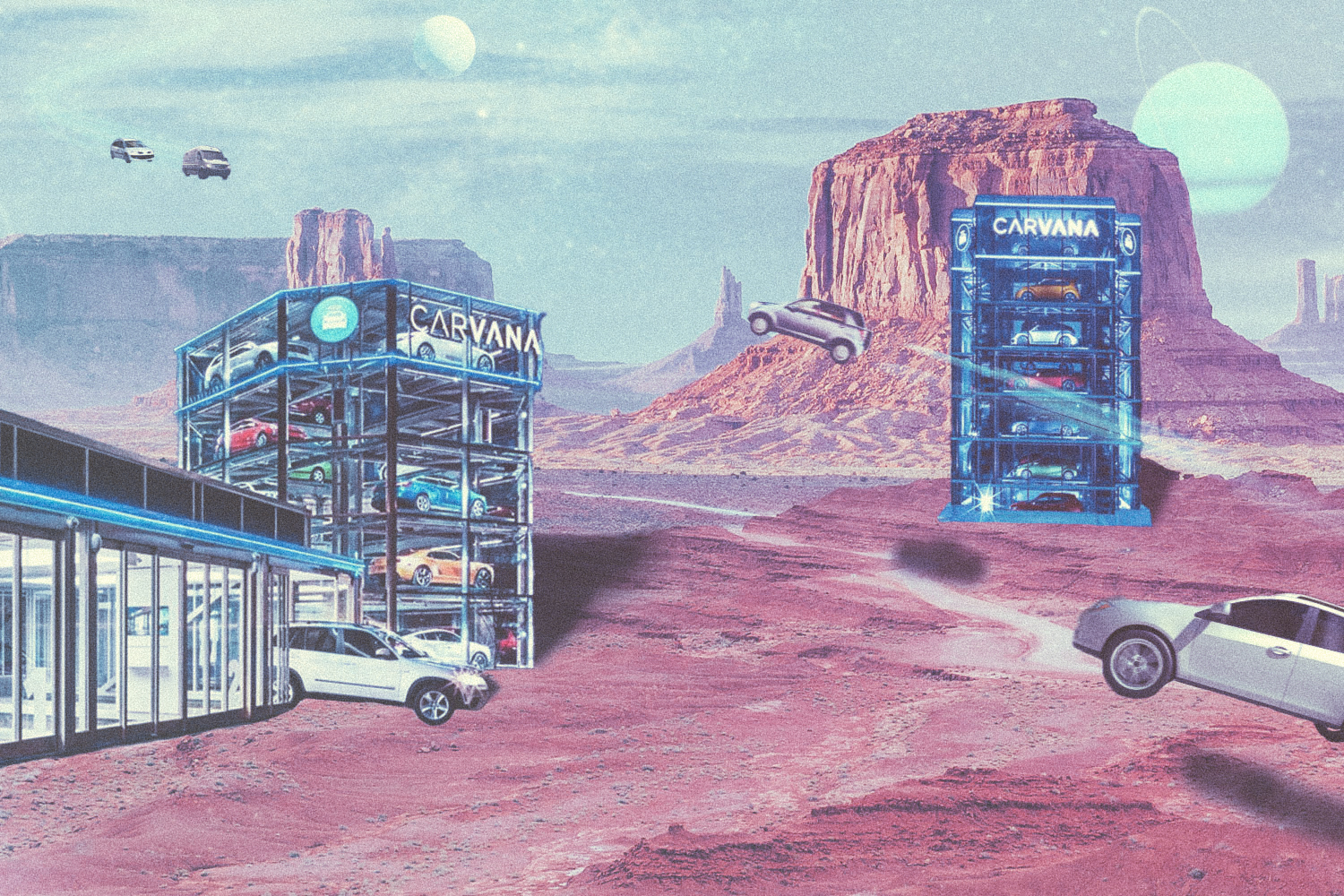 Carvana car vending machines in space on another planet with vehicles floating in the air