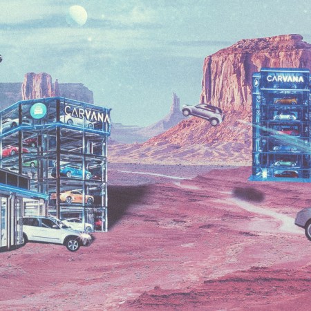 Carvana car vending machines in space on another planet with vehicles floating in the air