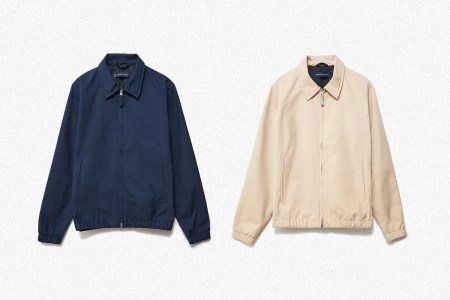 Everlane's Everyday Jacket in Navy and Khaki on a white background