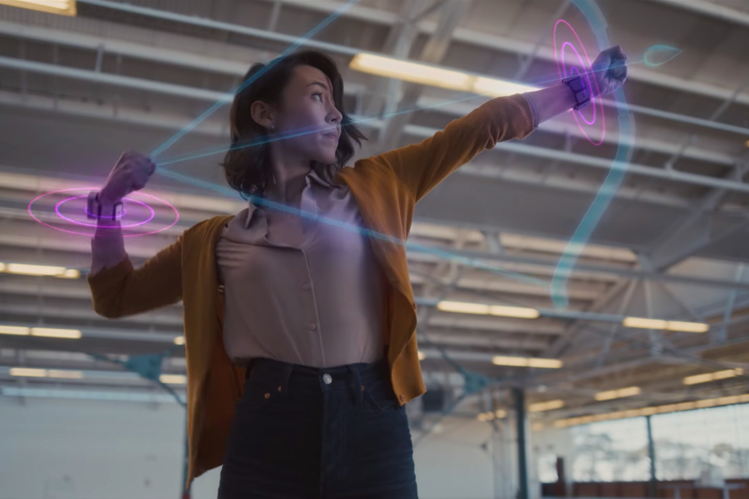 A woman shooting a virtual bow and arrow using a Facebook wrist wearable