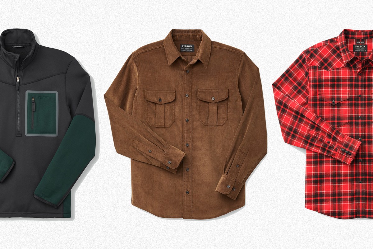 A fleece jacket, corduroy shirt, and plaid flannel from Filson