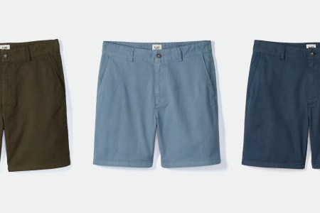 Three paits of Flint and Tinder 365 Shorts in blue and green