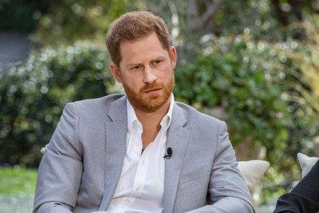 Prince Harry, seated during his March interview with Oprah Winfrey