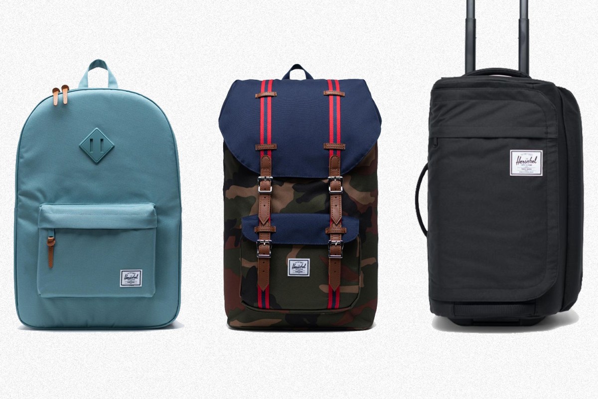 Three bags from Herschel Supply Co. including two backpacks and rolling luggage