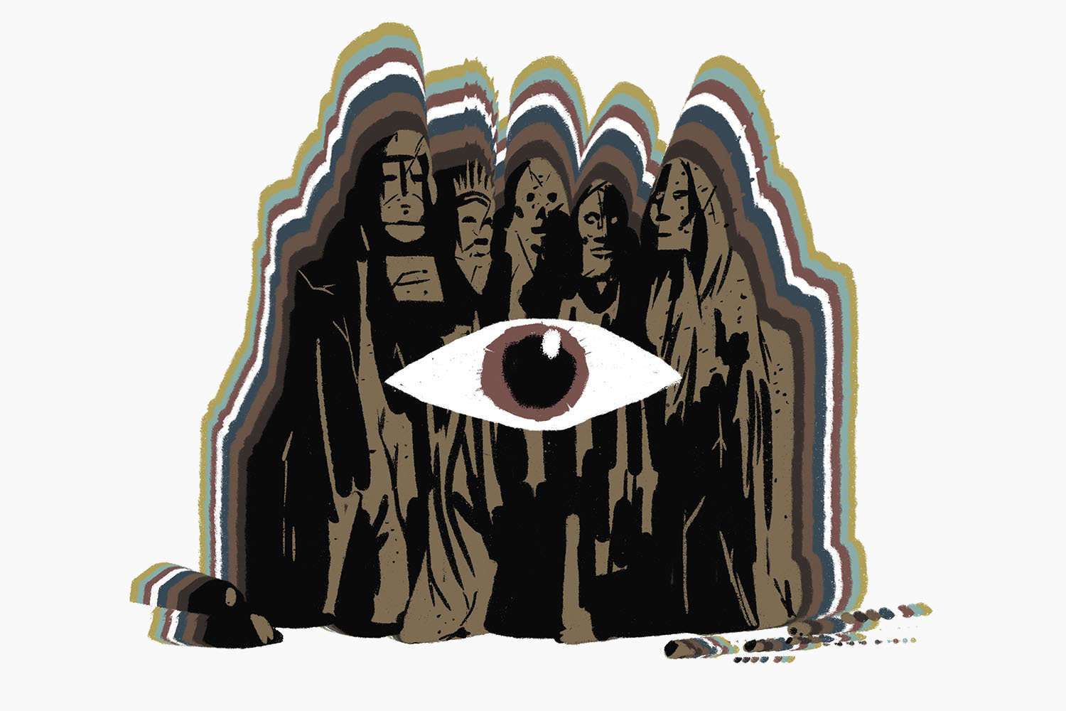 an illustration of five cloaked figures huddled together, presumably as part of some men's group ritual