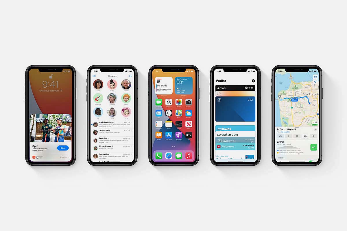 Five different iPhone screens running iOS 14